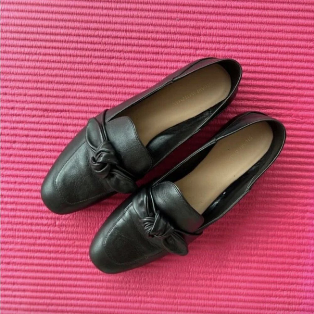Stuart Weitzman Bandeau Black Napa Leather Bow Flats Mules Shoes Size - Picture 3 of 3